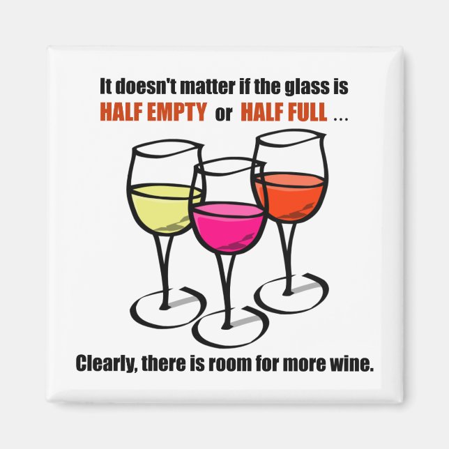 Glas av tecknad Vin halvtomt Vin Humor Magnet (Framsidan)