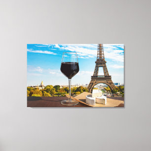 Glas av vin med brieost på Eiffel torn Canvastryck