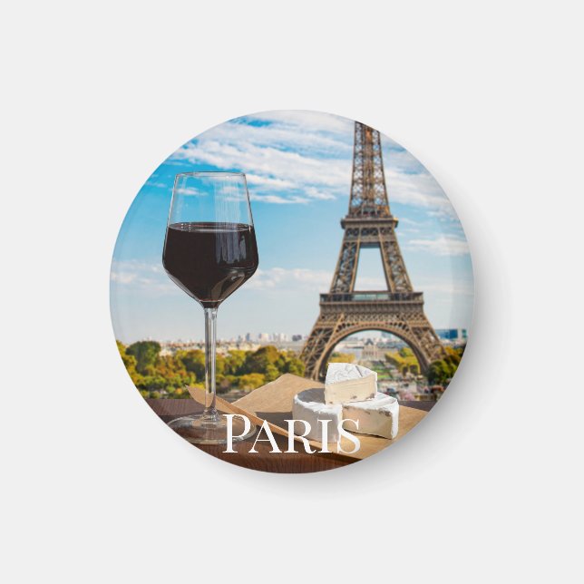 Glas av vin med brieost på Eiffel torn Magnet (Framsidan)