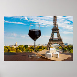 Glas av vin med brieost på Eiffel torn Poster