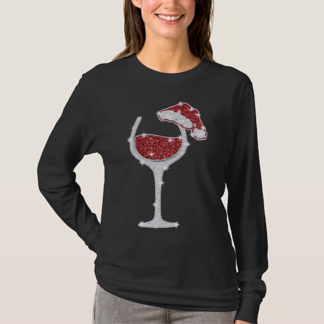 Glas av vin med jultomten jul t shirt (Framsida)