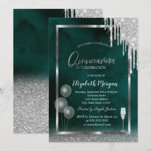 Glas,Ballonger,Glitterdroppar,Grön Quinceañera Inbjudningar