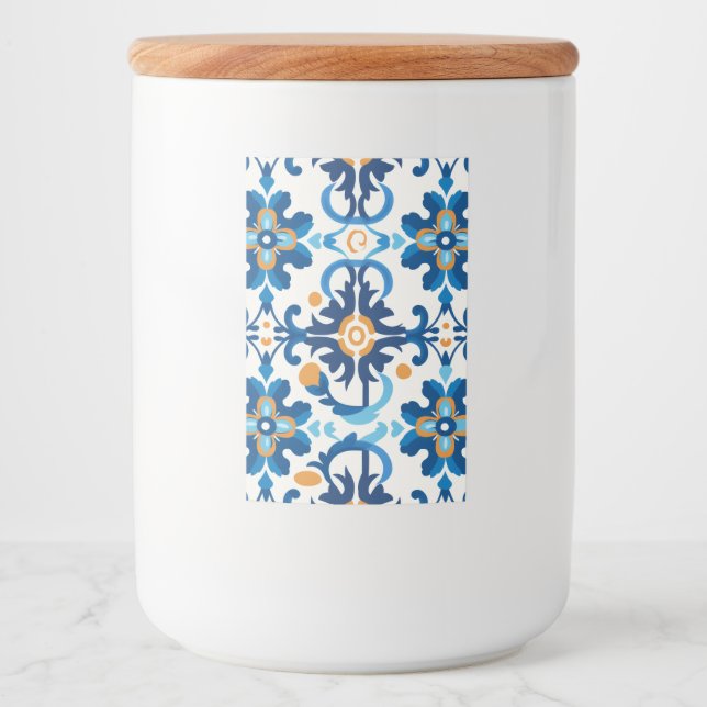 Glas Burk med blått och brunt lock Mat Etikett (Framsida)