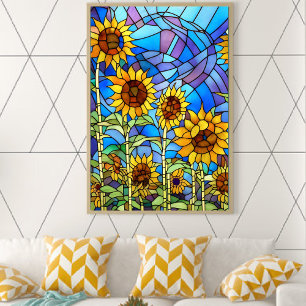 Glas Fält, fastsatt, av solblommor Poster