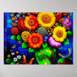 Glas, fastsatt med färgade blommor poster
