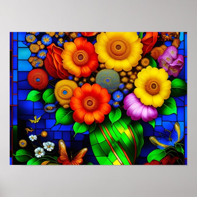 Glas, fastsatt med färgade blommor poster (Framsidan)