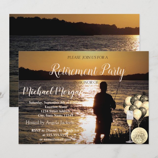 Glas från vin,ballonger,Fiske,Solnedgång Pension P Inbjudningar (Fram/baksida)