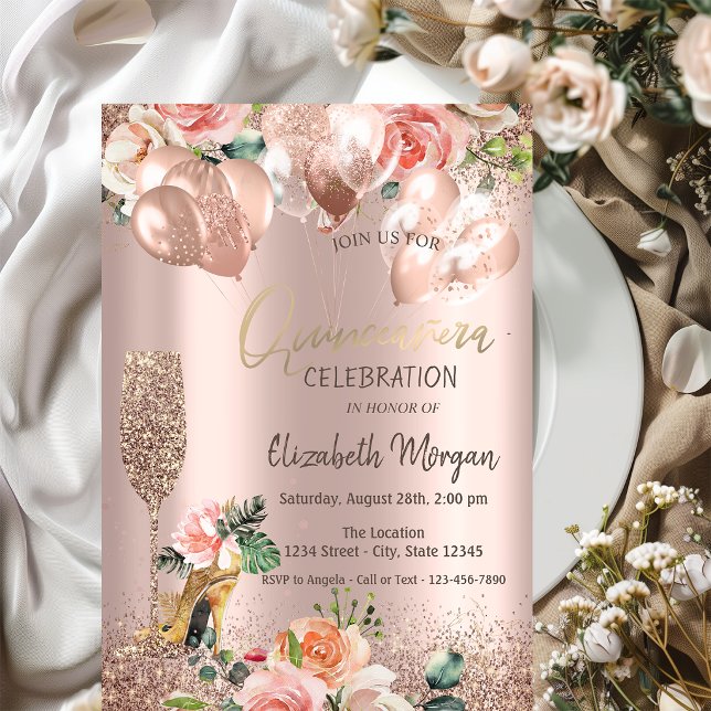  Glas,Högklackade skor,Rosor,Ballonger Quinceañera Inbjudningar (Skapare uppladdad)