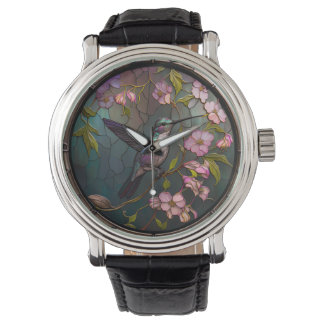 Glas Hummingbird Mönster Vår blommor Armbandsur