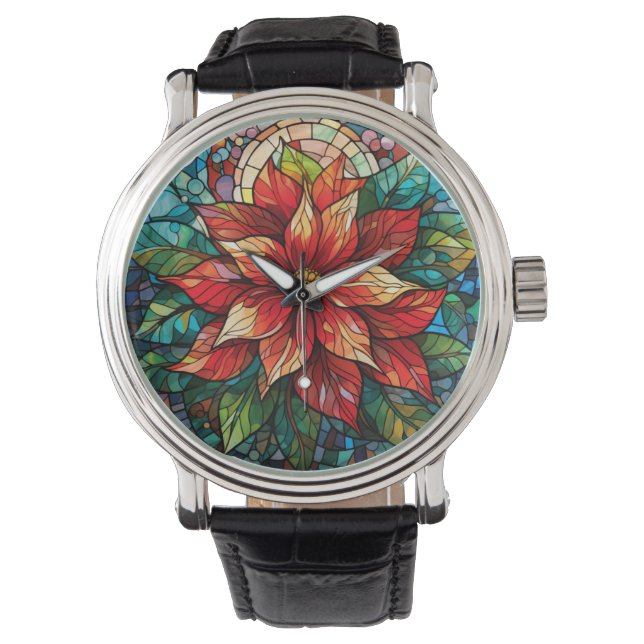 Glas - jultomte Blommrött Poinsettia Armbandsur (Framsida)