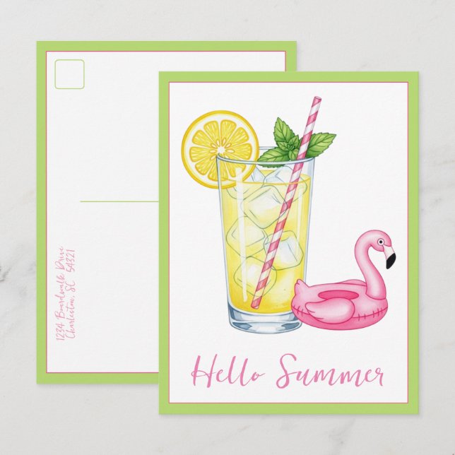 Glas Lemonad Med Flamingo Vykort (Fram/baksida)