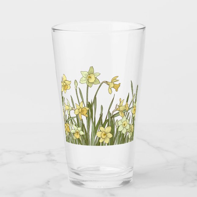 Glas med blommigt gräns av gult daffodils (Framsida)