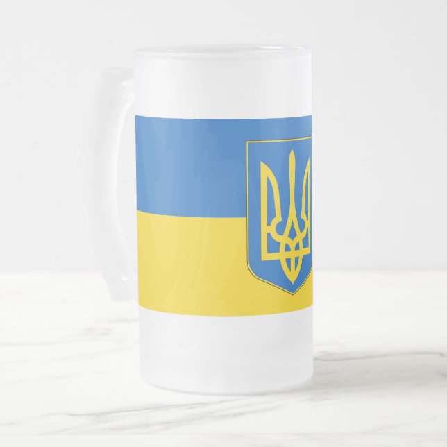 Glas Mugg med flagga Ukraina, frostat (Framsida vänster)