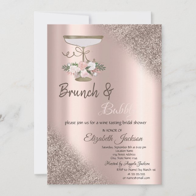 Glas, Rosa Guld Glitter Bokeh Brunch & Bubbly Inbjudningar (Framsida)