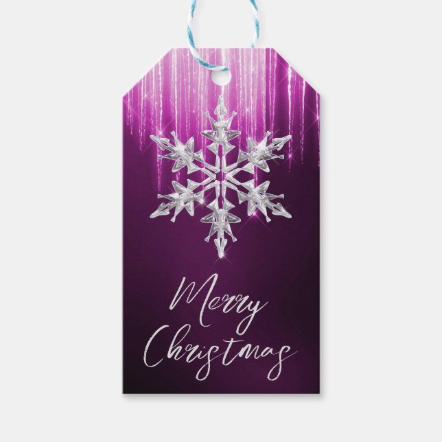Glas Snöflummel på lila Vinter Icicles jul Presentetikett (Framsidan)
