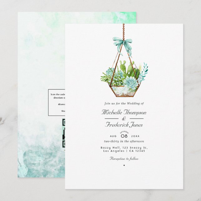 Glas Terrarium Sukkulenter QR-kod RSVP Bröllop Inbjudningar (Fram/baksida)