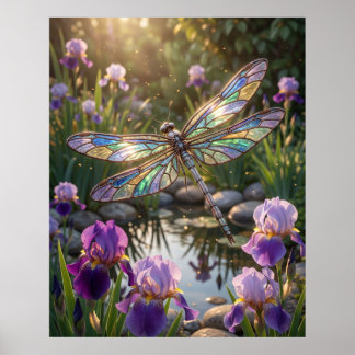 Glas Trollslända Iris Blomma Poster