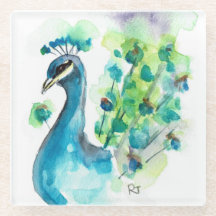 Glas Underlägg- Peacock Watercolor