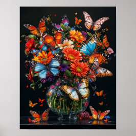 Glas vas med färgstarka fjärilar och blommor. poster
