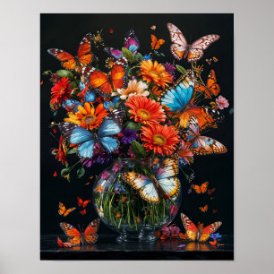 Glas vas med färgstarka fjärilar och blommor. poster