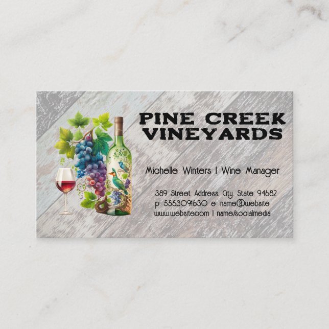 Glas vin och Flaska | Maskiner | Rustic Wood Visitkort (Framsida)