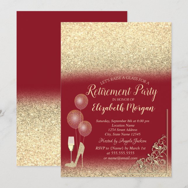 Glasballonger Guld Glitter Red Pension Inbjudningar (Fram/baksida)