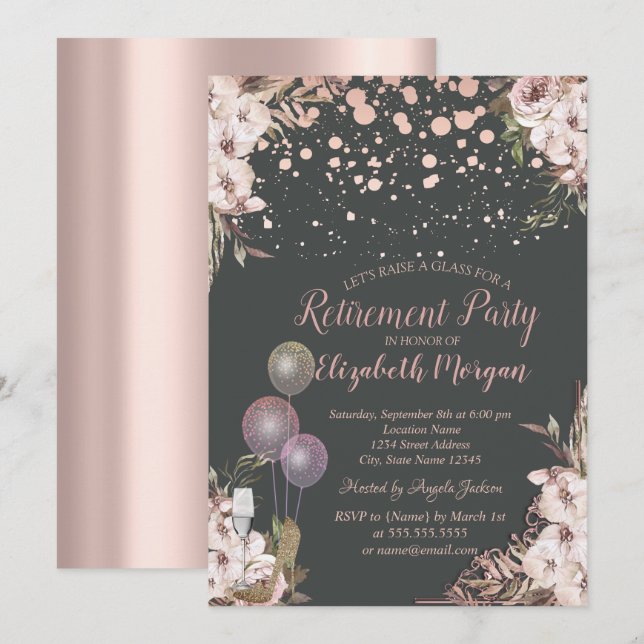 Glasballonger Klackar Boho Blommor Pensionering Inbjudningar (Fram/baksida)