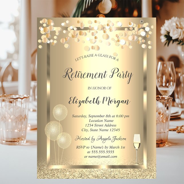 Glasballonger vin Guld Glitter Pension Inbjudningar (Skapare uppladdad)