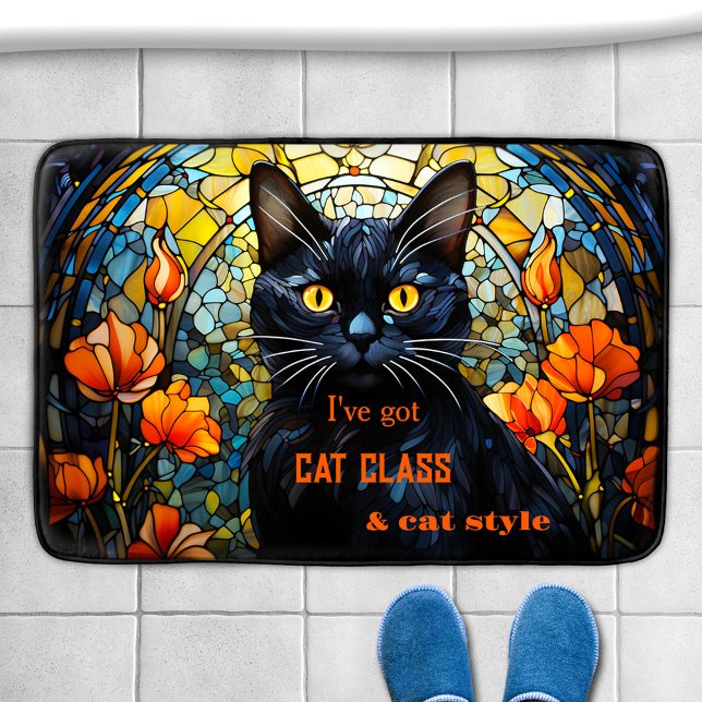 Glasbehållare med fastnat art nouveau badrumsmatta (Bath mat featuring an illustration of a black cat in art nouveau style stained glass / leaded glass)