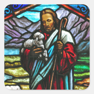 Glasbild bestående av Jesus och lamm Fyrkantigt Klistermärke