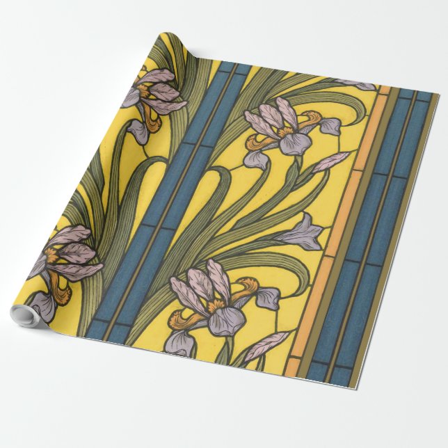 Glasblått Guld i Iris Flower Art nouveau Presentpapper (Utrullad)