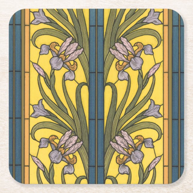 Glasblått Guld i Iris Flower Art nouveau Underlägg Papper Kvadrat (Framsidan)