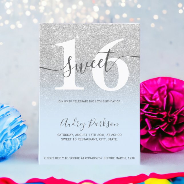 Glasblått ombbladig gris 16 silver inbjudningar (Silver glitter ice blue ombre girly Sweet 16 Invitation)