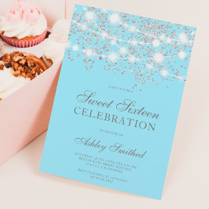 Glasblått sweet sixteen i silver glitter inbjudningar