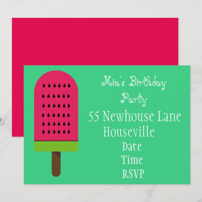 Glasblock, popsichflicka i Watermelon Party Inbjudningar (Fram/baksida)