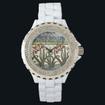 Glasblommor med fastsatt färg med Tan Gräns Armbandsur<br><div class="desc">Ett vackert glas av nedfläckad biet,  det har blommor som växer ut ur det stiliserade vatten vid grund och en abstrakt av löv överst. Ett underbart vackert köp som skulle ge en fantastisk!</div>