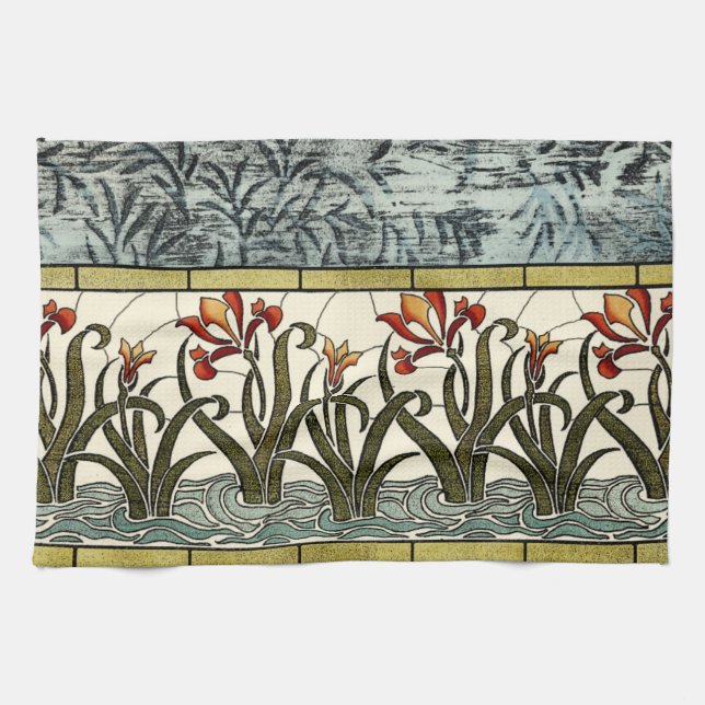 Glasblommor med fastsatt färg med Tan Gräns Kökshandduk (Horisontell)