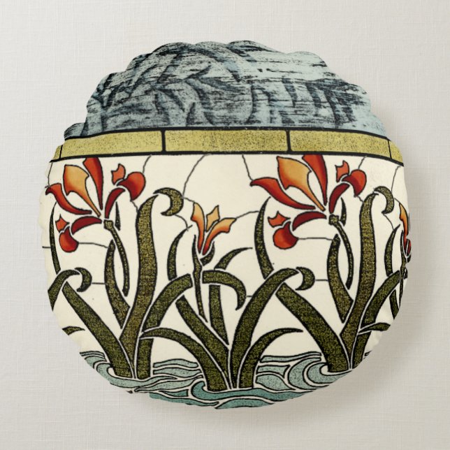 Glasblommor med fastsatt färg med Tan Gräns Rund Kudde (Framsidan)