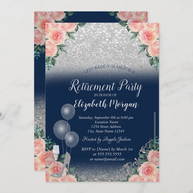 Glasbubblor Glitter Blommigt Navy Blue Pension Inbjudningar (Fram/baksida)