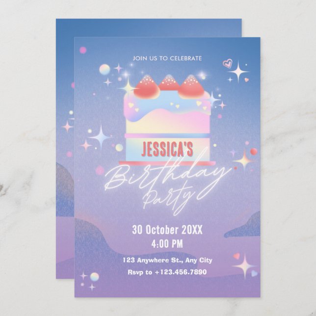 Glasburgtårta födelsedag inbjudningar (Fram/baksida)