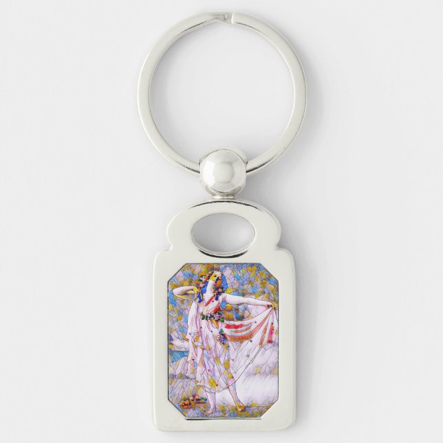 Glasdansare med fastsatt skiva i flödespress rektangulärt silverfärgad nyckelring (Framsidan)