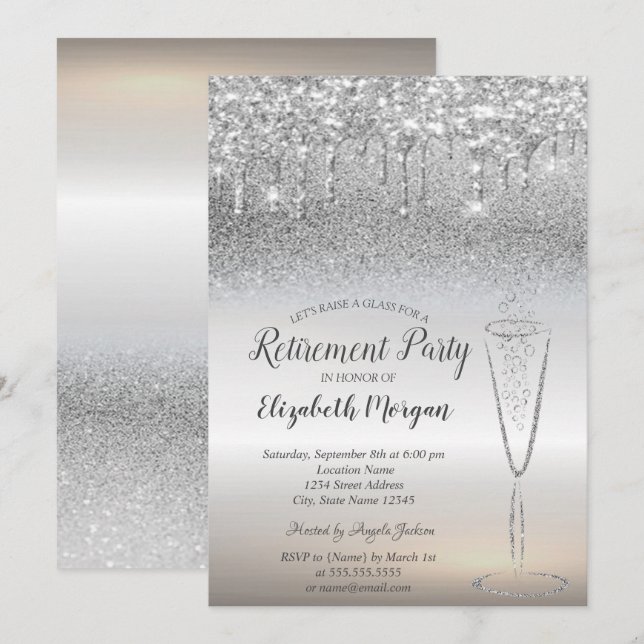 Glasdroppar vin Silver Glitter Bokeh Pension Inbjudningar (Fram/baksida)