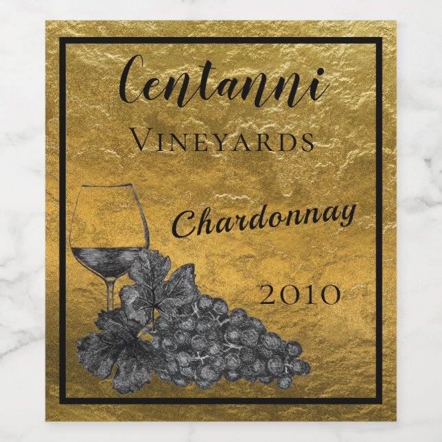 Glasdruvor av bläck Vin i Guld, bakgrund Vinflaska Etikett (Singel etikett)