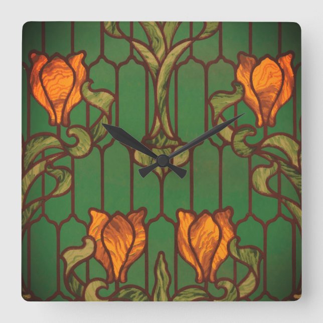 Glaset, blommigt, blommor av art nouveau fyrkantig klocka (Framsida)