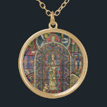 Glasfönster med kyrka, Vintagens arkitektur Guldpläterat Halsband<br><div class="desc">Vintagens illustrationsritning av inslag med en vacker religiösa av glasfönster av nedfläckad från en kyrka. Det centrala figur är en kvinna som är klädd i stövlar och bär krona,  hon är omgiven av andra människor,  däribland Saint Silvester.</div>
