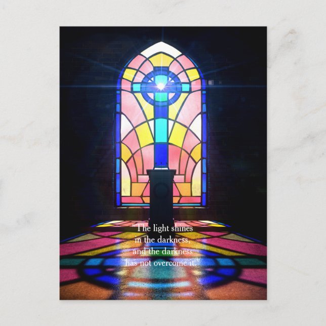Glasfönsterljus med fastsatt glas genom en kyrka vykort (Framsida)