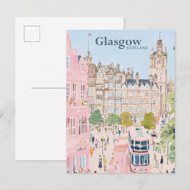 Glasgow Scotland Gouache Paint Illustration Travel Vykort (Fram/baksida)