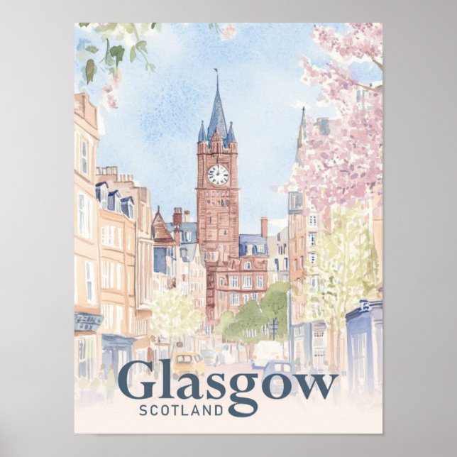 Glasgow Scotland Watercolor Painting Travel Poster (Framsidan)