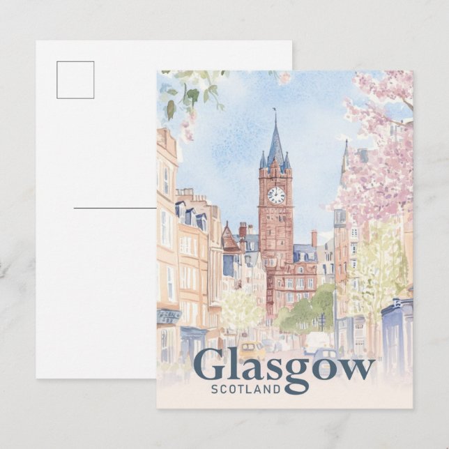 Glasgow Scotland Watercolor Painting Travel Vykort (Fram/baksida)