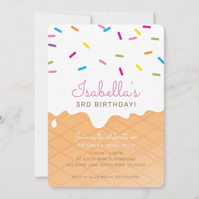 Glaskrämkonen barns födelsedag PARTY rosa sprinkle Inbjudningar (Framsida)